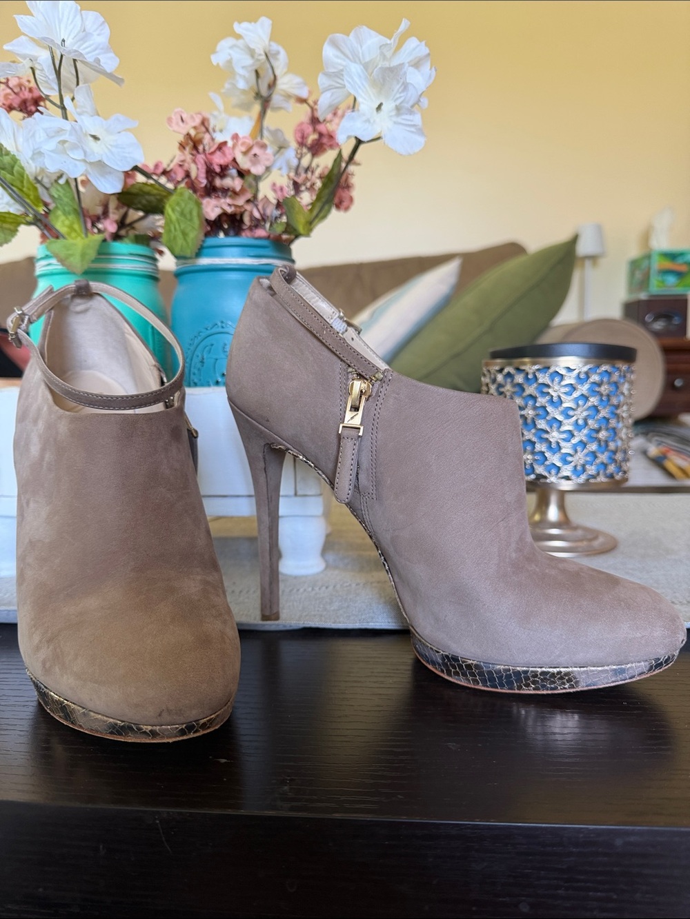 Brian Atwood tan suede heels